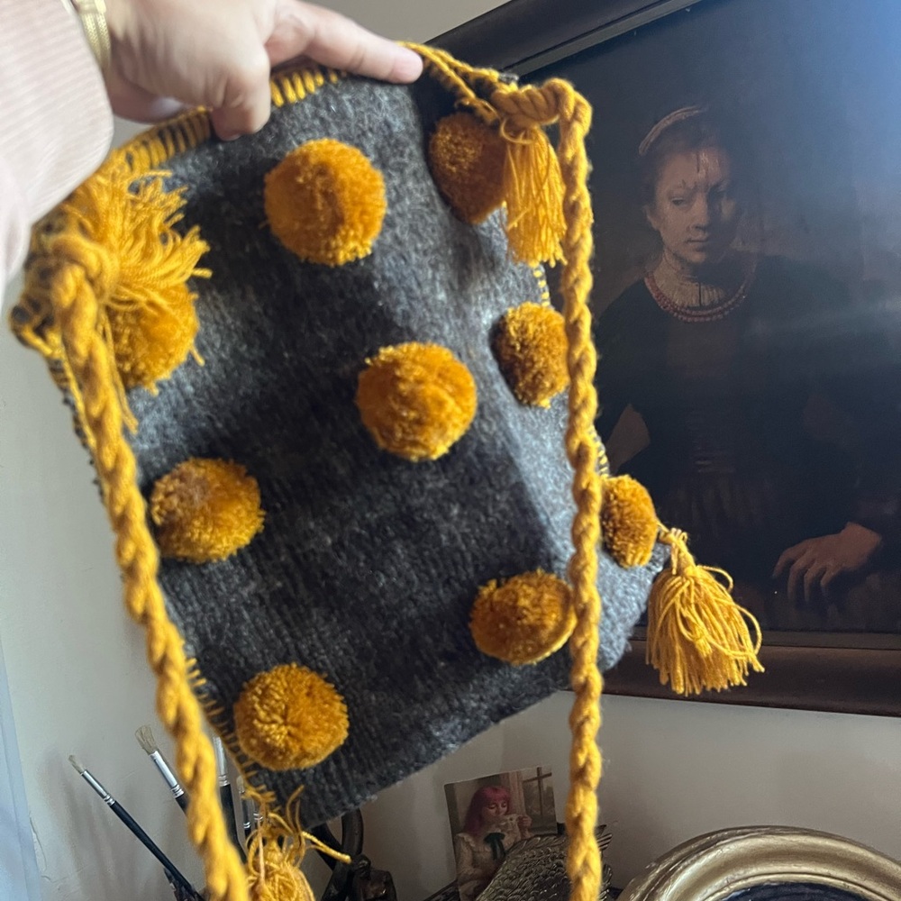 Gray and Yellow Pom-Pom Women's Bag